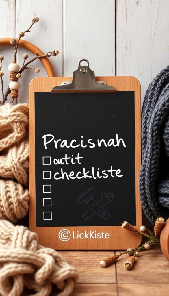 A stylish, yet practical outfit checklist presented in a natural, DIY-inspired setting. The image showcases a wooden clipboard with a handwritten &quot;Praxisnah outfit checkliste&quot; against a cozy, winter-inspired background. Warm, earthy tones, soft lighting, and a Pinterest-esque aesthetic create an authentic, inspiring atmosphere. The KlickKiste brand logo is subtly incorporated, adding a touch of rustic charm. Carefully arranged props, such as knitted accessories and botanical elements, enhance the overall mood and functionality of the scene.