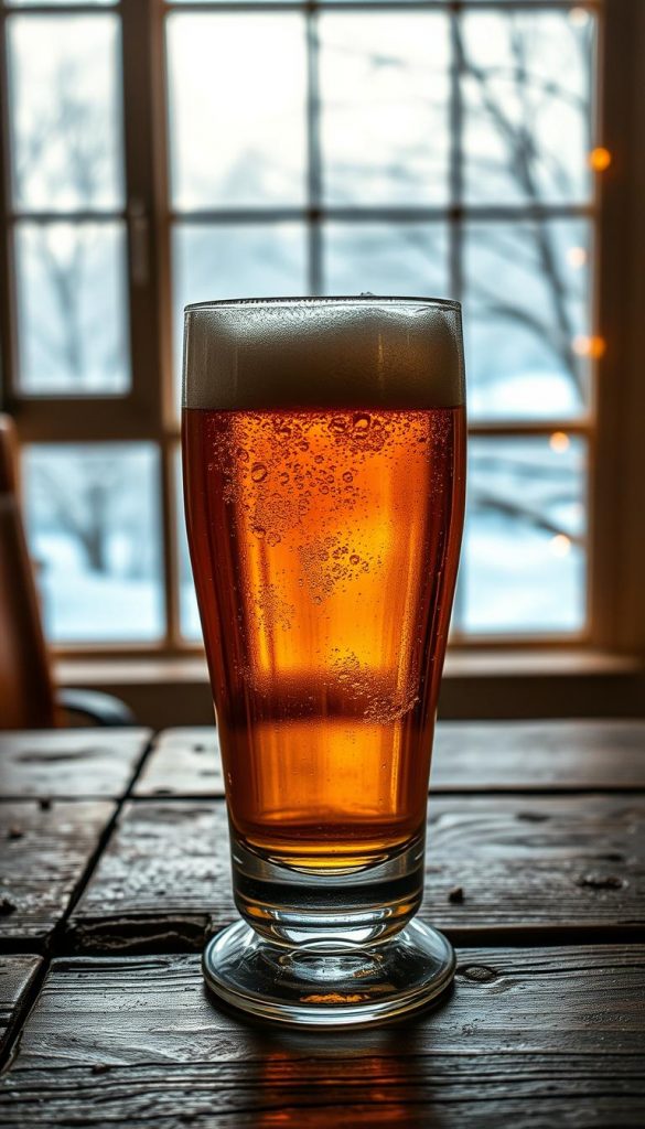 A stylishly elegant glass of cold, golden-hued beer sits atop a rustic wooden table, beads of condensation glistening on its surface. The lighting is soft and inviting, casting a warm glow that accentuates the rich amber tones of the liquid. In the background, a cozy winter scene unfolds, with a soft, snowy landscape visible through a large window, hinting at the comforting atmosphere of the scene. The overall aesthetic is one of natural, DIY-inspired charm, perfectly suited for a gift-giving moment to delight the discerning beer enthusiast.