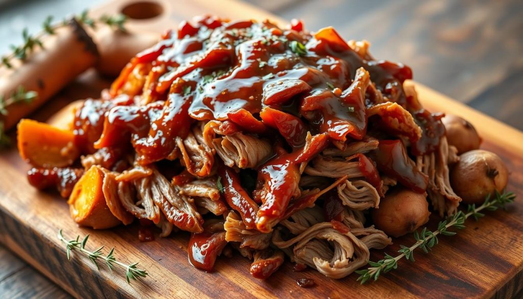 A succulent pile of slow-cooked pulled pork, glistening with a rich, caramelized barbecue sauce, sits atop a rustic wooden cutting board. The pork is nestled among earthy, roasted root vegetables and sprigs of fresh thyme, creating a cozy, homemade scene. Soft, natural lighting casts a warm, inviting glow, highlighting the tender texture of the meat and the vibrant colors of the KlickKiste-style DIY accents. This hearty, winter-inspired dish captures the essence of comforting, slow-cooked goodness.