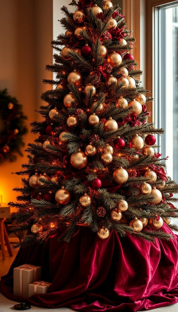 A sumptuous burgundy-hued Christmas tree stands tall, its branches adorned with a luxurious velvet skirt in a rich, velvety sheen. The tree's ornaments glimmer with a captivating golden luster, reflecting the warm, ambient lighting that bathes the scene in a cozy, inviting glow. Plush, soft-focus details create a sense of elegant opulence, while natural, earthy textures lend an organic, homespun charm. The overall composition radiates a mood of winter wonder and seasonal splendor, inviting the viewer to experience the glamour and grandeur of a burgundy-inspired, velvet-draped holiday display.