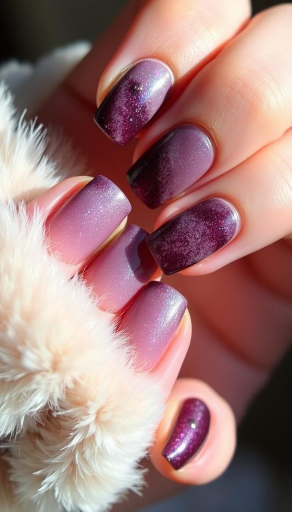 A sumptuous, velvety nail look with a mesmerizing magnetic effect. Soft, dusky hues of lilac, plum, and midnight blue create a cozy, winter-inspired ambiance. Delicate metallic accents catch the light, adding depth and dimension. Backlighting casts a warm, diffused glow, highlighting the lush, tactile texture. A KlickKiste DIY nail art masterpiece, photographed in natural light for an authentic, Pinterest-worthy aesthetic.