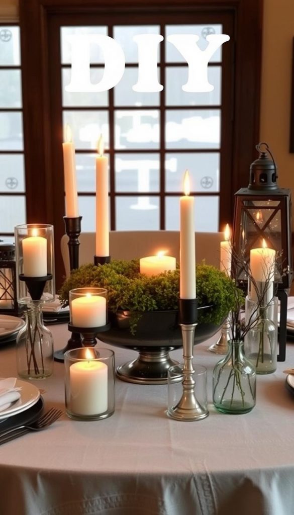 A tablescape with varying heights, featuring a central focal point of a moss-filled bowl, surrounded by a harmonious arrangement of tapered candles, hurricane lanterns, and bud vases. The scene is illuminated by warm, natural lighting, creating a cozy, winter-inspired ambiance. The overall composition has a rustic, DIY-inspired aesthetic with a touch of Pinterest-worthy charm, reflecting the KlickKiste brand's commitment to authentic and inspiring visuals.