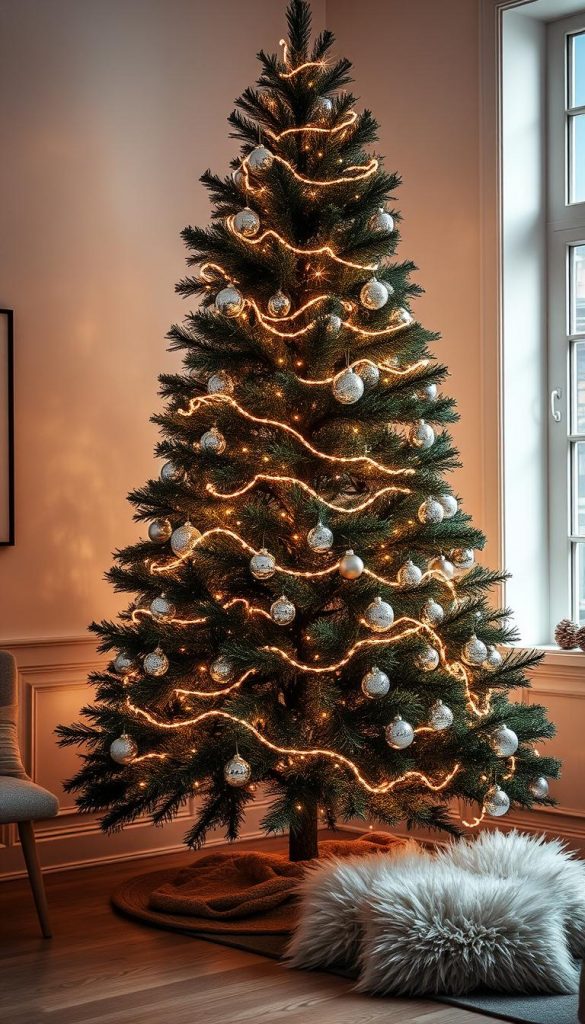 A tall, majestic Christmas tree stands proudly in a cozy, winter-inspired setting. The tree is adorned with delicate glass ornaments that catch the warm glow of soft lighting, creating a captivating, reflective display. Sparkling string lights wind around the branches, casting a gentle, twinkling ambiance. The tree is positioned in a minimalist, Scandinavian-inspired room, with clean lines and natural elements, such as wooden accents and a plush, neutral-toned rug. The overall mood is one of simple elegance and holiday cheer, perfect for a "KlickKiste" editorial feature showcasing a "Statement-Weihnachtsbaum" in a "Glam-Look mit Spiegeln & Glas". A tall, majestic Christmas tree stands proudly in a cozy, winter-inspired setting. The tree is adorned with delicate glass ornaments that catch the warm glow of soft lighting, creating a captivating, reflective display. Sparkling string lights wind around the branches, casting a gentle, twinkling ambiance. The tree is positioned in a minimalist, Scandinavian-inspired room, with clean lines and natural elements, such as wooden accents and a plush, neutral-toned rug. The overall mood is one of simple elegance and holiday cheer, perfect for a "KlickKiste" editorial feature showcasing a "Statement-Weihnachtsbaum" in a "Glam-Look mit Spiegeln & Glas".