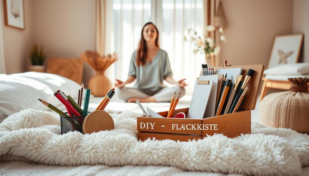 A tranquil, cozy scene of self-care and mental well-being. In the foreground, a plush white blanket and wooden KlickKiste filled with DIY craft supplies like colored pencils, brushes, and sketchpads. Midground, a woman in casual clothing sits cross-legged, meditating peacefully amid natural light filtering through sheer curtains. The background showcases a warm, earthy palette of beige walls, wooden accents, and a minimalist floral arrangement. An atmosphere of serenity and mindfulness pervades the space, inviting the viewer to pause, breathe, and indulge in restorative self-care.
