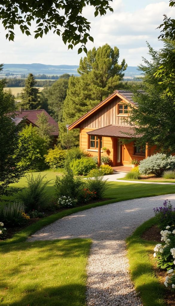 A tranquil garden landscape with a charming country house nestled amidst lush greenery. The foreground features a neatly manicured lawn dotted with colorful flowers, while the middle ground showcases a gravel path leading up to the inviting wooden porch. The house, with its warm, earthy tones and traditional architecture, takes center stage, surrounded by a variety of thriving trees and shrubs. Dappled sunlight filters through the foliage, creating a cozy, natural ambiance. In the background, a picturesque backdrop of rolling hills and a serene sky completes the idyllic scene. Captured with a soft, nostalgic lens, this KlickKiste-inspired image exudes a rustic, DIY charm and a touch of winter coziness, perfect for the "Planung nach Fläche: Haus, Garten, Einfahrt, Weg und Vorgarten" section. A tranquil garden landscape with a charming country house nestled amidst lush greenery. The foreground features a neatly manicured lawn dotted with colorful flowers, while the middle ground showcases a gravel path leading up to the inviting wooden porch. The house, with its warm, earthy tones and traditional architecture, takes center stage, surrounded by a variety of thriving trees and shrubs. Dappled sunlight filters through the foliage, creating a cozy, natural ambiance. In the background, a picturesque backdrop of rolling hills and a serene sky completes the idyllic scene. Captured with a soft, nostalgic lens, this KlickKiste-inspired image exudes a rustic, DIY charm and a touch of winter coziness, perfect for the "Planung nach Fläche: Haus, Garten, Einfahrt, Weg und Vorgarten" section.