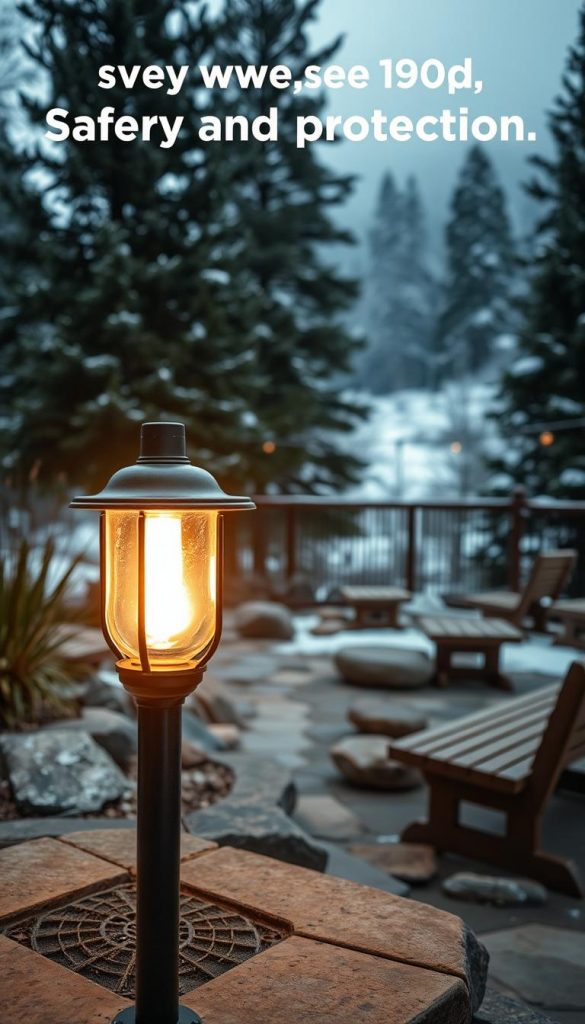 A tranquil outdoor scene showcasing the importance of safety and protection. In the foreground, a sturdy weatherproof light fixture casts a warm, ambient glow over a cozy seating area. The middle ground features a variety of natural materials, such as smooth stones and rustic wooden benches, blending seamlessly with the surrounding environment. In the background, towering pine trees and a dusting of snow create a serene winter landscape, radiating a sense of peaceful seclusion. The overall composition emphasizes the balance between functionality, aesthetics, and environmental harmony - essential considerations for thoughtful outdoor lighting design. A tranquil outdoor scene showcasing the importance of safety and protection. In the foreground, a sturdy weatherproof light fixture casts a warm, ambient glow over a cozy seating area. The middle ground features a variety of natural materials, such as smooth stones and rustic wooden benches, blending seamlessly with the surrounding environment. In the background, towering pine trees and a dusting of snow create a serene winter landscape, radiating a sense of peaceful seclusion. The overall composition emphasizes the balance between functionality, aesthetics, and environmental harmony - essential considerations for thoughtful outdoor lighting design.