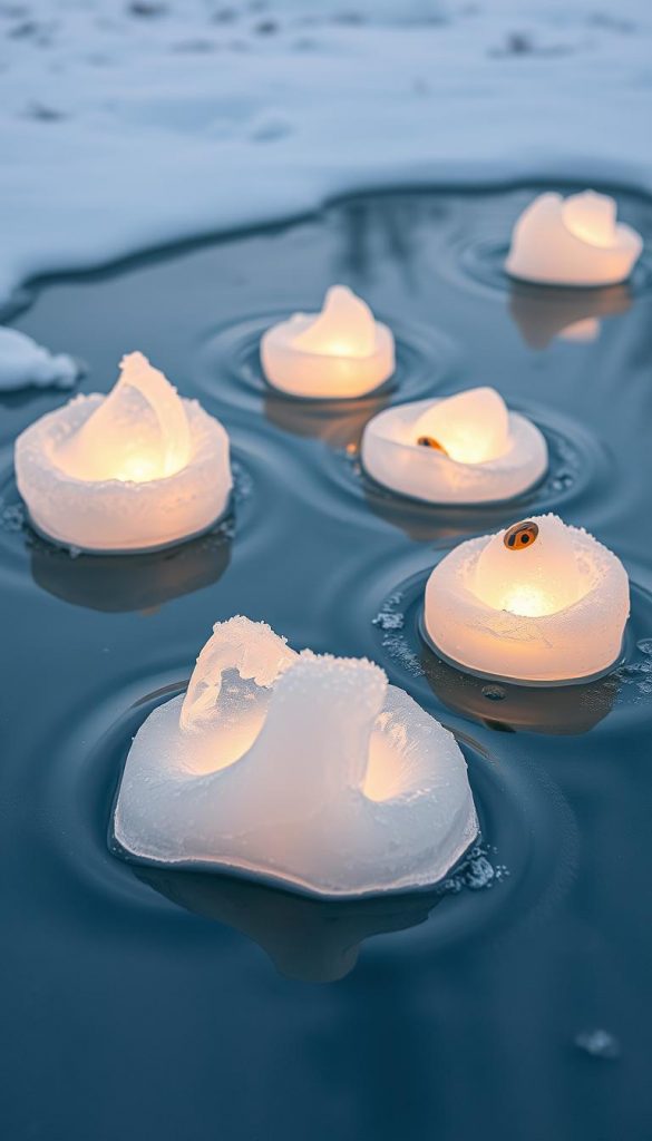 A tranquil winter scene of water frozen in time, captured through the lens of a KlickKiste camera. Softly glowing ice sculptures, each with its own unique organic form, float gently in a serene pond. The backlit ice radiates a warm, inviting glow, casting a cozy ambiance across the snowy landscape. Delicate frost crystals adorn the edges, hinting at the ephemeral nature of this captivating display. Muted tones of blue, white, and soft amber create a harmonious, Pinterest-worthy composition, perfect for DIY winter decorations. This natural, handcrafted scene embodies the essence of &amp;quot;Material, Werkzeuge &amp;amp; Vorbereitung für deine Eislaternen.&amp;quot;