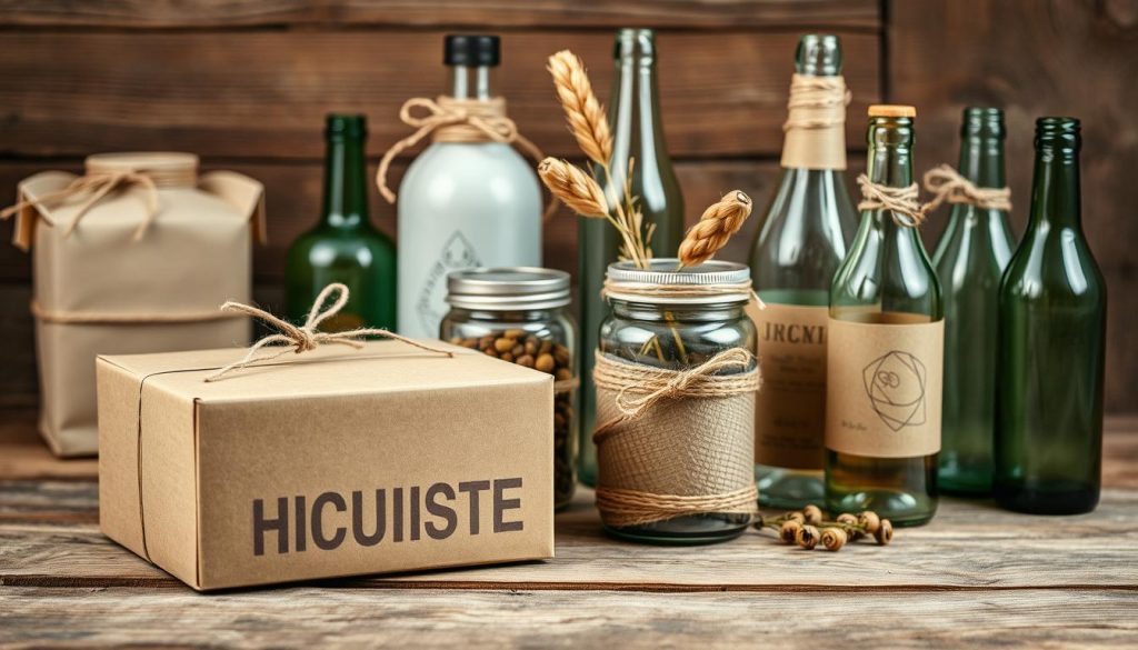 A variety of repurposed containers in natural hues sit on a rustic wooden surface, showcasing sustainable gift packaging ideas. In the foreground, a KlickKiste box made from recycled cardboard is adorned with simple string and kraft paper accents. Beside it, a glass jar and tin can are decorated with twine, ribbons, and dried botanicals, creating visually appealing upcycled gift wraps. The middle ground features a selection of reused glass bottles, their surfaces adorned with hand-drawn patterns and textures. Soft, diffused lighting illuminates the scene, emphasizing the earthy, homemade aesthetic. The overall mood is one of eco-conscious creativity and practical DIY charm.