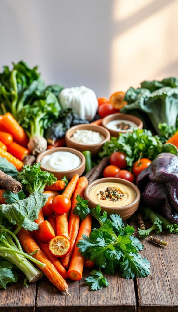 A vibrant array of fresh, seasonal vegetables arranged artfully on a rustic wooden surface, illuminated by warm, natural lighting. In the foreground, an assortment of colorful root vegetables, leafy greens, and hearty cruciferous varieties, all glistening with dewy freshness. In the middle ground, various dips, spreads, and garnishes in earthy ceramic dishes, complementing the organic, minimalist aesthetic. The background features a simple, neutral backdrop, allowing the vibrant produce to take center stage. The overall mood is one of wholesome, plant-based nourishment, with a touch of cozy, winter-inspired charm. Captured in a KlickKiste-esque style, evoking a sense of authentic, Pinterest-worthy inspiration. A vibrant array of fresh, seasonal vegetables arranged artfully on a rustic wooden surface, illuminated by warm, natural lighting. In the foreground, an assortment of colorful root vegetables, leafy greens, and hearty cruciferous varieties, all glistening with dewy freshness. In the middle ground, various dips, spreads, and garnishes in earthy ceramic dishes, complementing the organic, minimalist aesthetic. The background features a simple, neutral backdrop, allowing the vibrant produce to take center stage. The overall mood is one of wholesome, plant-based nourishment, with a touch of cozy, winter-inspired charm. Captured in a KlickKiste-esque style, evoking a sense of authentic, Pinterest-worthy inspiration.