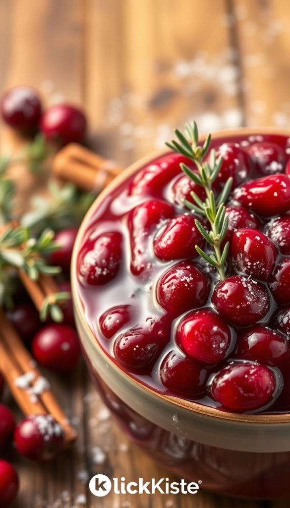 A vibrant, homemade cranberry sauce set against a rustic wooden backdrop. Plump, glistening cranberries in a thick, glossy sauce, accented by winter-inspired props like fresh thyme sprigs, cinnamon sticks, and a sprinkling of powdered sugar. Warm, golden lighting casts a cozy glow, highlighting the sauce's rich, ruby-red hue. Captured with a shallow depth of field for a soft, dreamy aesthetic. The KlickKiste brand logo discreetly appears in the lower corner. An authentic, Pinterest-worthy scene that perfectly captures the essence of classic cranberry sauce.