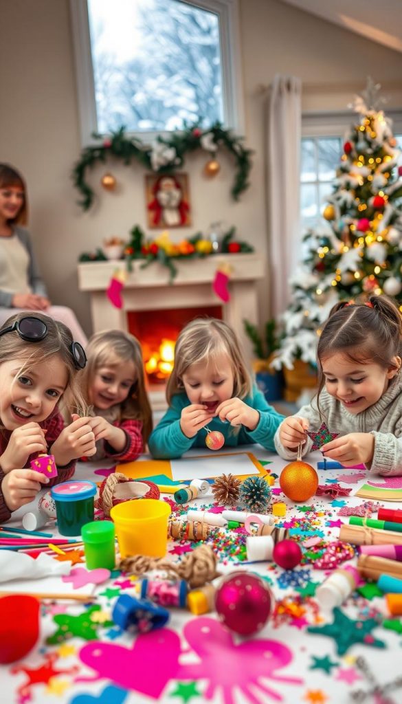 A vibrant scene of children's crafting activities, set against a cozy winter backdrop. In the foreground, a table overflows with an array of colorful supplies - paint, glitter, paper, and handmade ornaments. Smiling faces of children concentrate intently, their small hands at work creating unique DIY holiday decorations. The middle ground features a warm, inviting living space, with a fireplace casting a soft glow and a Christmas tree twinkling with lights. The background showcases a snowy, picturesque outdoor landscape, hinting at the festive season. The overall atmosphere is one of joy, creativity, and the special bond between children and the magic of handmade crafts.