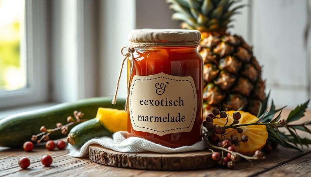 A vibrant still life showcasing a handcrafted jar of &quot;exotisch marmelade&quot; on a rustic wooden surface. The jar's label features the KlickKiste brand. Zucchini, pineapple, and juniper berries are artfully arranged around the jar, hinting at the unique ingredients. Soft natural lighting filters through a window, casting a warm glow. The composition emphasizes the homemade, artisanal nature of the preserve, with touches of linen, twine, and earthy tones creating a cozy, inviting atmosphere. An elegant, sophisticated take on a DIY kitchen presentation.