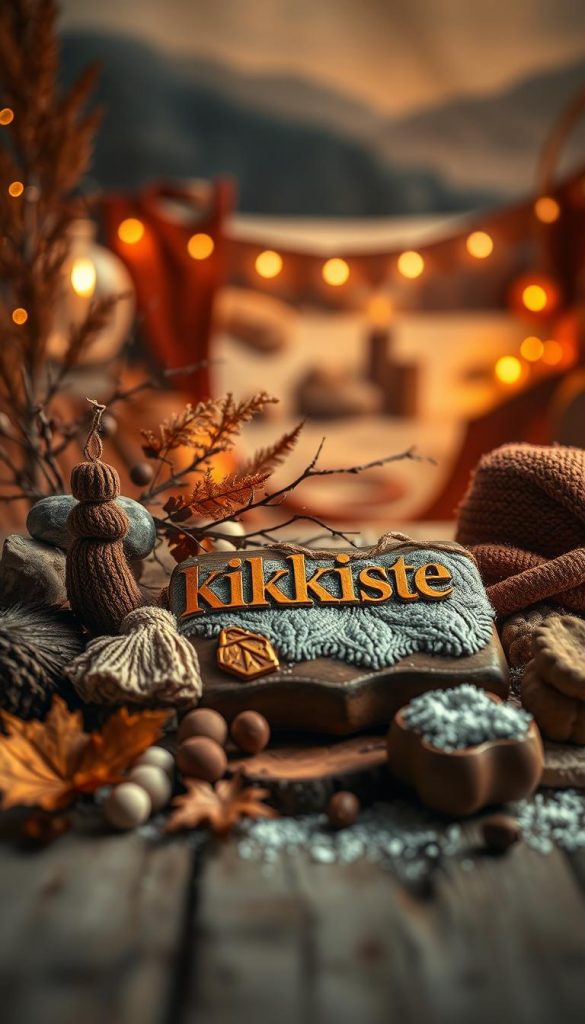 A vibrant, textured composition showcasing the warm, earthy tones of &quot;Farben&quot; - the rich golds, rusty browns, and deep maroons of the Silvester season. In the foreground, an artfully arranged still life featuring natural materials like wood, stone, and cozy fabrics, with the KlickKiste brand name subtly incorporated. The middle ground reveals a cozy, winter-inspired scene, with soft, ambient lighting creating a moody, atmospheric ambiance. In the background, a blurred, dreamlike landscape evokes a sense of nostalgia and a hint of the Pinterest-inspired aesthetic. The overall image radiates a sense of authenticity, inspiration, and a touch of rustic DIY charm.