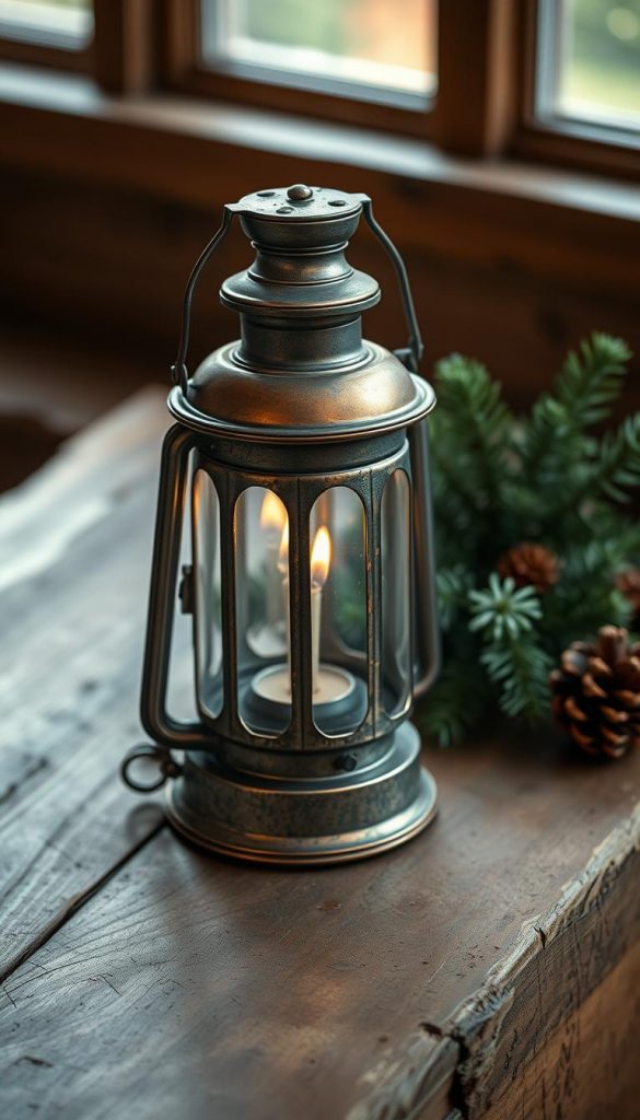 A vintage metal lantern with weathered copper accents stands on a rustic wooden surface. Soft ambient light illuminates the scene, casting a warm glow across the natural textures. In the background, a sprig of evergreen foliage and a single pine cone add a touch of winter charm. The overall mood is cozy, nostalgic, and inviting, evoking the romantic ambiance of a bygone era. The camera angle is slightly elevated, capturing the lantern in an artful, still-life composition.