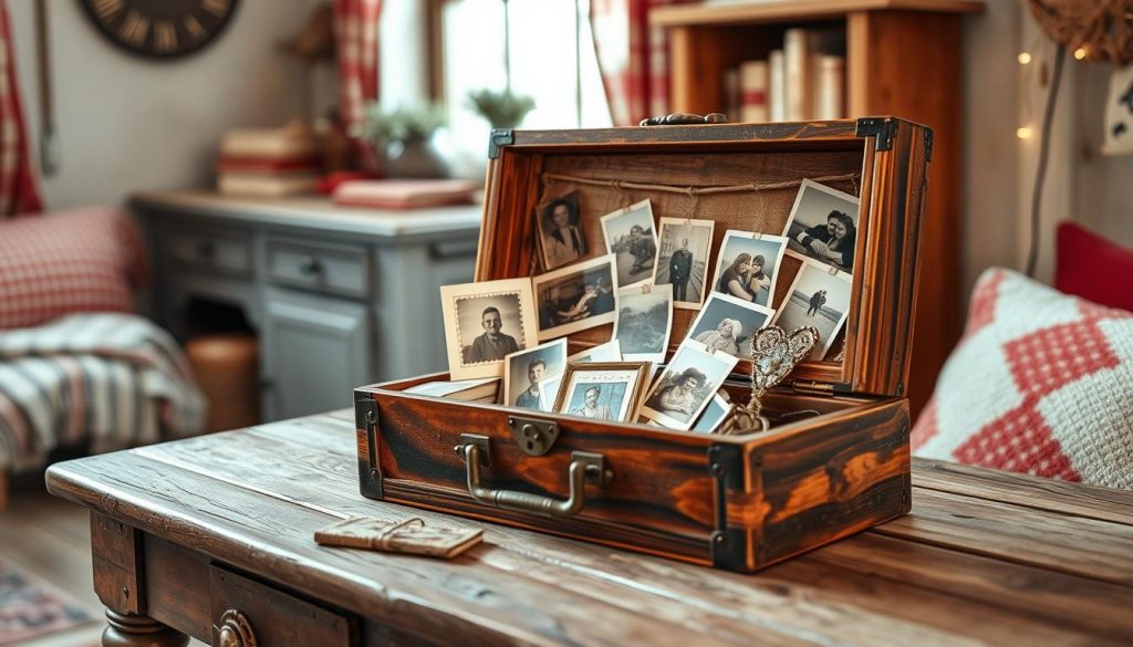 A vintage "KlickKiste" retro bilderbox sits atop a rustic wooden table, its distressed wooden frame and antique brass hardware gleaming in the soft, warm lighting. Inside, an array of hand-crafted photo prints and mementos are artfully arranged, creating a nostalgic, homespun display. The background features a cozy, natural-toned interior with hints of red and white accents, evoking a sense of timeless charm. Textured fabrics, natural fibers, and a touch of aged patina lend an authentic, handmade aesthetic to the scene, transporting the viewer on a delightful journey through the past.