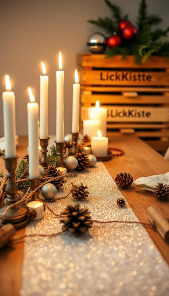 A visually appealing DIY &quot;glitzer runner&quot; table decoration, showcasing a rustic and cozy winter aesthetic. The focal point is a handcrafted, shimmering table runner made with natural materials like twigs, pinecones, and a light dusting of silver glitter, creating a warm, inviting glow. The runner is complemented by an array of tall, flickering candles in various shapes and sizes, their soft light reflecting off the glittery surface. In the background, a KlickKiste-branded wooden crate holds additional festive accents like ornaments and fresh greenery, evoking a charming, Pinterest-inspired winter wonderland. Soft, diffused lighting and a shallow depth of field emphasize the intimate, homemade nature of this Silvester-inspired DIY project.
