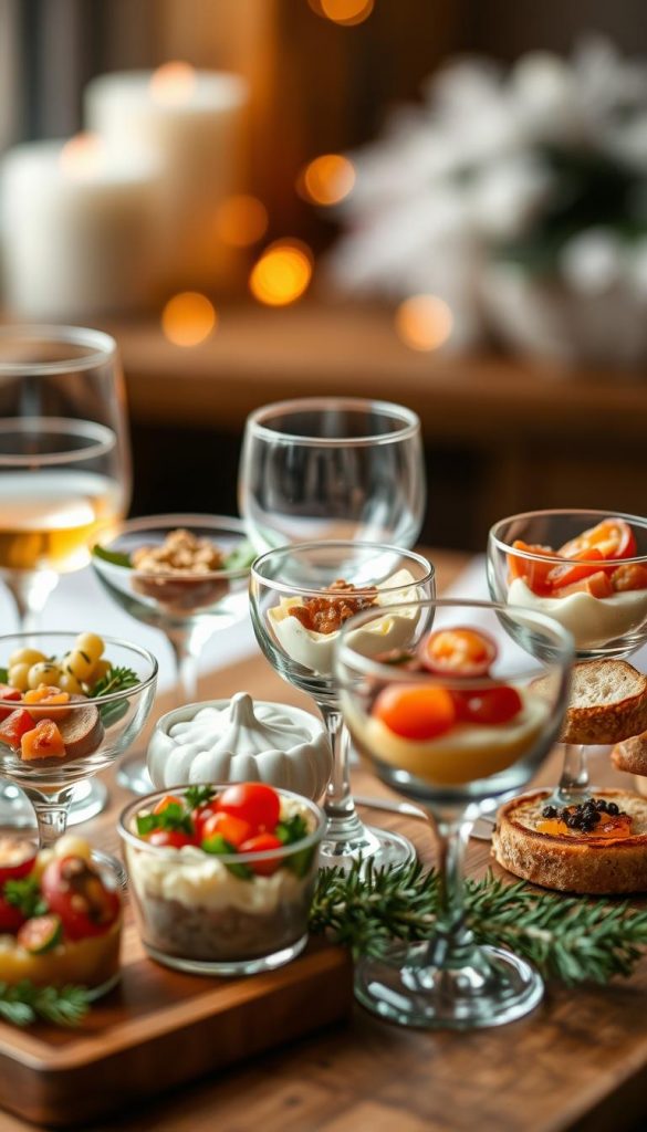 A visually appealing arrangement of assorted appetizers elegantly presented in individual glasses, capturing the essence of "Vorspeisen im Glas". The foreground features an artful display of bite-sized delights, such as creamy cheese spreads, crunchy vegetables, and delicate bruschetta. The middle ground showcases the glasses, their shapes and materials creating a cohesive, sophisticated composition. The background is softly blurred, allowing the focus to remain on the carefully curated, winter-inspired presentation. Warm, natural lighting casts a cozy glow, evoking a festive, Pinterest-worthy ambiance. The overall mood is one of effortless elegance, perfectly complementing the "Vorspeisen im Glas" theme.