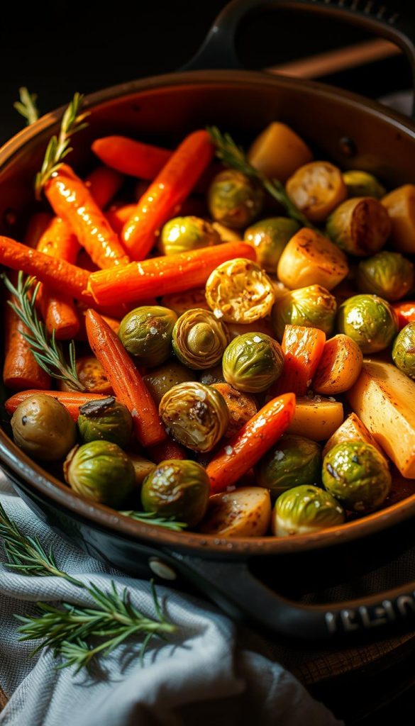 A visually appealing scene of freshly roasted vegetables straight from the oven. Glistening carrots, Brussels sprouts, and potatoes in an earthy, rustic baking dish, surrounded by sprigs of rosemary and a light dusting of sea salt. Warm, natural lighting casts a cozy glow, creating an inviting, homely atmosphere. The KlickKiste aesthetic shines through with a touch of minimal, Pinterest-inspired styling. This image perfectly captures the essence of "Beilagen & Gemüse aus dem Ofen: schnelle Rezepte, die Gäste lieben" for the Leichtes Weihnachtsmenü article. A visually appealing scene of freshly roasted vegetables straight from the oven. Glistening carrots, Brussels sprouts, and potatoes in an earthy, rustic baking dish, surrounded by sprigs of rosemary and a light dusting of sea salt. Warm, natural lighting casts a cozy glow, creating an inviting, homely atmosphere. The KlickKiste aesthetic shines through with a touch of minimal, Pinterest-inspired styling. This image perfectly captures the essence of "Beilagen & Gemüse aus dem Ofen: schnelle Rezepte, die Gäste lieben" for the Leichtes Weihnachtsmenü article.