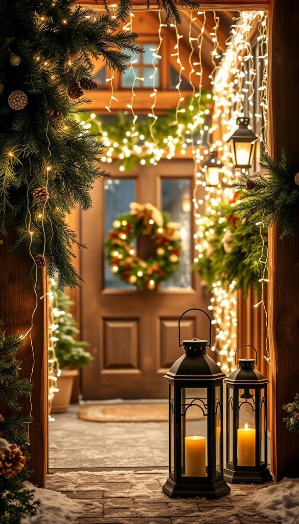 A warm and cozy entryway adorned with cascading lichterketten, their soft illumination casting a magical glow across the scene. Strands of twinkling lights draped elegantly over natural wood accents, intertwining with fresh evergreen garlands and pinecones. In the foreground, a pair of vintage lanterns flicker invitingly, their warm amber hues complementing the overall winter ambiance. A dusting of snow covers the ground, adding a touch of wintry wonder. The atmosphere is one of rustic charm and festive enchantment, drawing the viewer into a cozy, inviting holiday scene. A warm and cozy entryway adorned with cascading lichterketten, their soft illumination casting a magical glow across the scene. Strands of twinkling lights draped elegantly over natural wood accents, intertwining with fresh evergreen garlands and pinecones. In the foreground, a pair of vintage lanterns flicker invitingly, their warm amber hues complementing the overall winter ambiance. A dusting of snow covers the ground, adding a touch of wintry wonder. The atmosphere is one of rustic charm and festive enchantment, drawing the viewer into a cozy, inviting holiday scene.