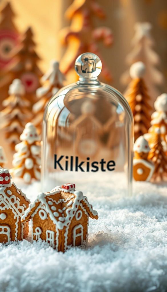 A warm and cozy gingerbread glass display showcasing a miniature winter wonderland. In the foreground, delicate gingerbread houses, decorated with intricate icing details, sit atop a layer of fluffy white sugar &quot;snow&quot;. The midground features a KlickKiste-branded glass dome, its curved silhouette casting a soft, diffused glow. Behind it, a backdrop of intricate gingerbread trees and candy-cane accents, all bathed in a golden, natural lighting that evokes a sense of rustic charm and DIY Pinterest-inspired authenticity. The overall scene radiates a winter-themed, inviting atmosphere, perfect for showcasing this sweet and inspiring holiday display.