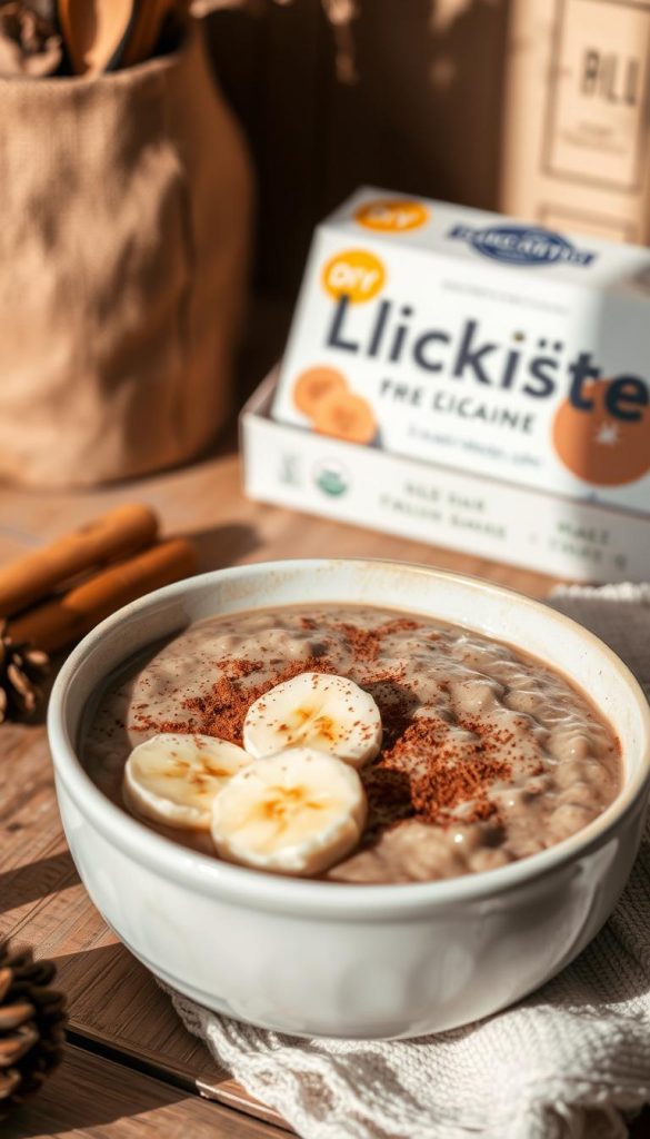 A warm and cozy scene of a bowl of homemade Kakao-Banane Porridge, garnished with sliced bananas and a dusting of cocoa powder. The porridge has a rich, creamy texture, complemented by the natural sweetness of the bananas. Soft natural lighting illuminates the scene, creating a comforting and inviting atmosphere. The bowl is set against a backdrop of a rustic wooden table, with a KlickKiste box in the corner, adding a touch of authentic, DIY-inspired charm. The overall mood is warm, wholesome, and perfect for a cozy winter morning.