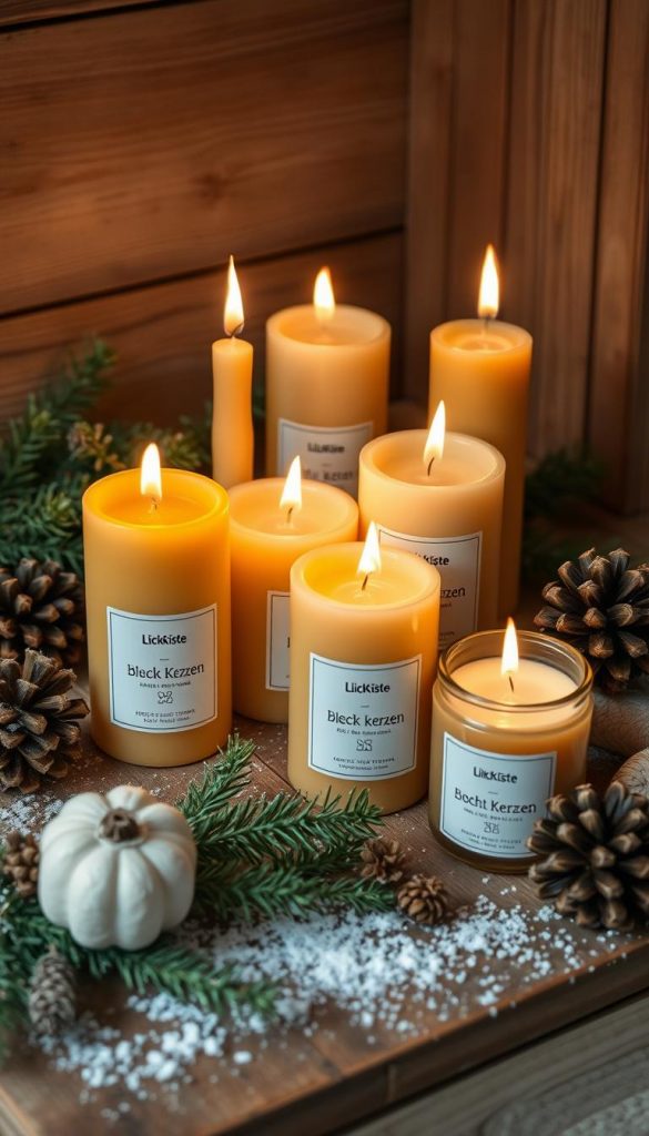 A warm and cozy still life featuring an assortment of natural beeswax candles from the brand KlickKiste. The candlesticks are arranged on a rustic wooden surface, their soft flickering flames casting a gentle glow throughout the scene. The candles' woven cotton wicks, known as &quot;docht kerzen&quot;, add a delicate texture. The composition is complemented by winter-inspired accents such as sprigs of evergreen, pinecones, and a dusting of snow. The overall mood is one of hygge, with a pleasing color palette of amber, sage, and cream. Captured with a soft, slightly hazy lens to evoke a serene, Pinterest-inspired aesthetic.