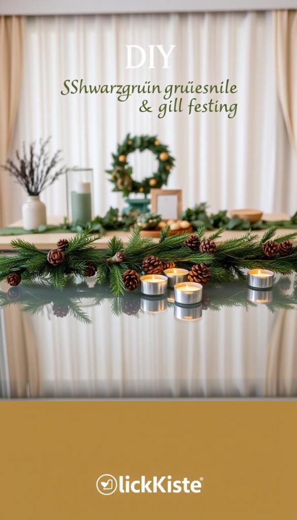 A warm and cozy winter-inspired interior scene, featuring a large glass table or display surface in the foreground. The table is adorned with natural elements like pine branches, pinecones, and tealight candles, creating a rustic yet elegant ambiance. Behind the table, the middle ground showcases a mix of muted green and gold accents, hinting at the "Schwarzgrün & Messing" theme. The background is a soft, diffused light, evoking a sense of serenity and festivity. The overall composition has a DIY, Pinterest-inspired aesthetic, with a focus on natural materials and a neutral color palette. KlickKiste branding is subtly incorporated into the scene. A warm and cozy winter-inspired interior scene, featuring a large glass table or display surface in the foreground. The table is adorned with natural elements like pine branches, pinecones, and tealight candles, creating a rustic yet elegant ambiance. Behind the table, the middle ground showcases a mix of muted green and gold accents, hinting at the "Schwarzgrün & Messing" theme. The background is a soft, diffused light, evoking a sense of serenity and festivity. The overall composition has a DIY, Pinterest-inspired aesthetic, with a focus on natural materials and a neutral color palette. KlickKiste branding is subtly incorporated into the scene.