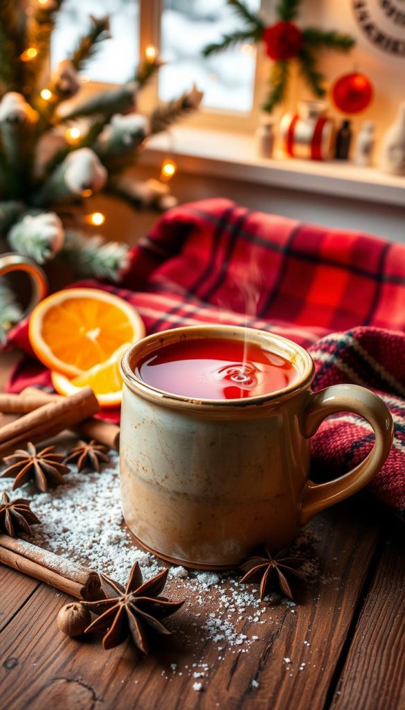 A warm and cozy winter scene showcasing a traditional German &quot;Punsch&quot; drink. In the foreground, a hand-crafted ceramic mug filled with the aromatic red-orange liquid, steam gently rising. Surrounding it, an assortment of seasonal spices and garnishes - cinnamon sticks, star anise, orange slices, and a sprinkle of powdered sugar. In the middle ground, a rustic wooden table with a hand-knitted plaid blanket, creating a sense of hygge. The background features a KlickKiste-branded festive vignette, with twinkling fairy lights, pine boughs, and a glimpse of a snow-dusted windowsill. The lighting is soft and intimate, evoking a winter wonderland atmosphere. This image captures the essence of traditional German Christmas drinks and the welcoming spirit of the holiday season.
