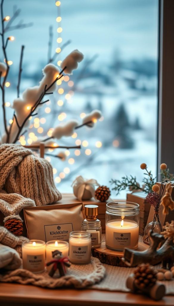 A warm and cozy winter scene showcasing the latest trends in Weihnachtsgeschenke (Christmas gifts). In the foreground, an artfully arranged display of natural, handmade products from the KlickKiste brand, including knitted accessories, scented candles, and rustic wooden trinkets. The middle ground features a soft, blurred background of snowy landscapes and twinkling fairy lights, creating a serene and inviting atmosphere. The lighting is soft and diffused, evoking a sense of coziness and comfort. The overall aesthetic is a harmonious blend of earthy tones, natural textures, and a touch of festive cheer, embodying the essence of the &quot;Trends &amp; Inspiration für die kommende Saison&quot; section.