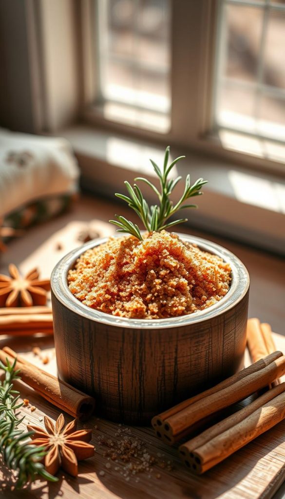 A warm and inviting DIY scene featuring homemade &amp;quot;Gewürz-Zucker&amp;quot; (spiced sugar) in a rustic wooden KlickKiste container. The natural light casts a cozy glow, highlighting the rich amber tones of the sugar and the textured wood. Soft shadows create depth, while a sprig of fresh rosemary and a handful of cinnamon sticks add natural accents. The overall composition has a charming, handcrafted aesthetic with a touch of winter wonderland, perfectly capturing the essence of a simple, yet thoughtful DIY holiday gift.