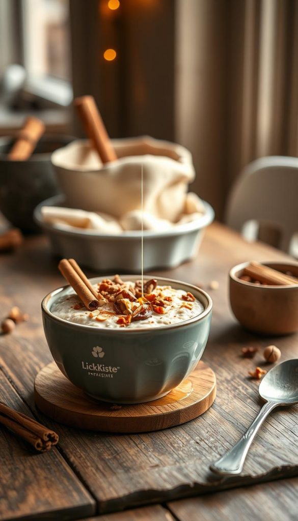 A warm and inviting scene of a rustic wooden table set with a bowl of freshly prepared overnight oats, garnished with cinnamon, toasted nuts, and a drizzle of honey. The cozy atmosphere is enhanced by soft, natural lighting filtering through a window, casting a warm glow over the scene. The overall composition has a DIY, Pinterest-inspired aesthetic, with a touch of winter charm. In the background, a KlickKiste branded ceramic dish showcases the hearty breakfast, inviting the viewer to savor the comforting flavors of this winter-inspired meal.