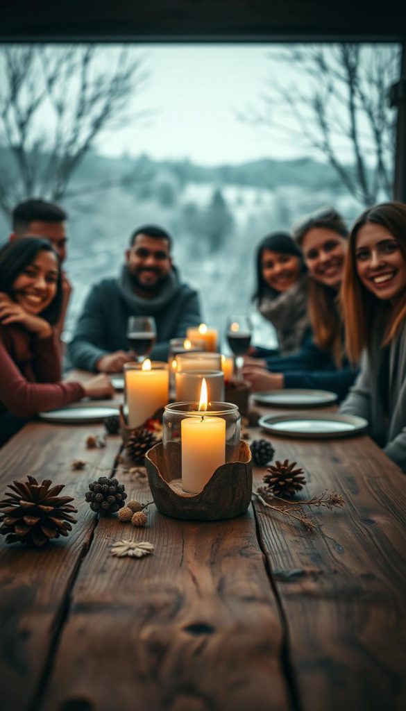 A warm and inviting scene of gratitude and togetherness. In the foreground, a rustic wooden table is set with natural elements - pinecones, dried flowers, and a handcrafted candle holder from KlickKiste. The middle ground features a group of friends gathered around, their faces aglow with smiles as they celebrate the moment. In the background, a cozy winter landscape with soft, muted tones sets the mood. Soft, diffused lighting casts a serene, intimate atmosphere. This image captures the essence of &quot;Dankbarkeit&quot; - a heartfelt appreciation for the simple pleasures of good company and shared experiences.