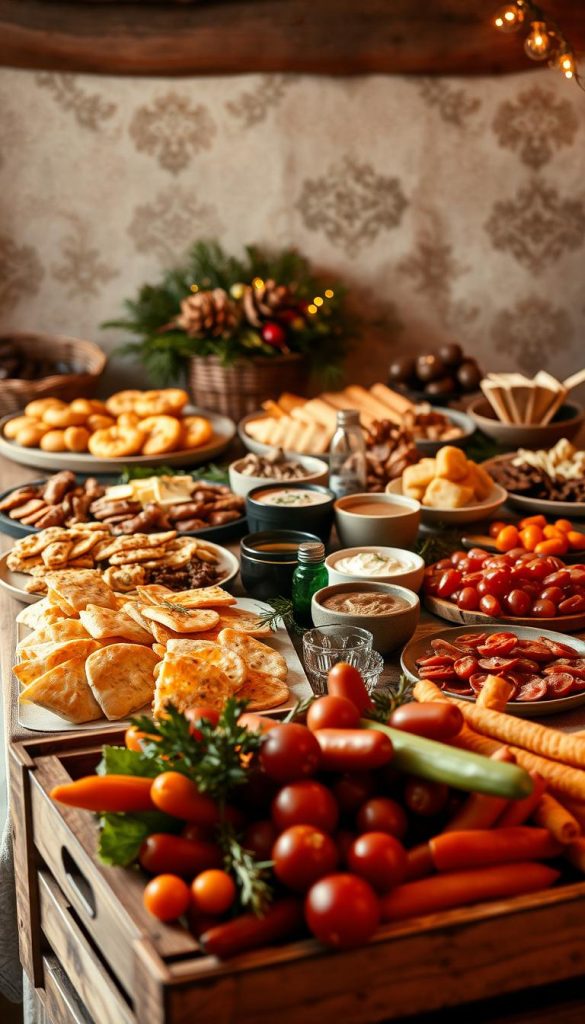 A warm, cozy buffet spread set against a rustic backdrop. The table is laden with an assortment of traditional Silvester finger foods - savory pastries, cured meats, cheeses, and an assortment of dips and spreads. A soft, golden light illuminates the scene, casting a festive glow. In the foreground, a KlickKiste crate overflows with fresh ingredients, hinting at the homemade, handcrafted nature of the delicacies. The overall mood is one of comfort, tradition, and anticipation for the celebrations to come. The image captures the essence of a classic Silvester buffet, inviting the viewer to indulge in these beloved holiday favorites. A warm, cozy buffet spread set against a rustic backdrop. The table is laden with an assortment of traditional Silvester finger foods - savory pastries, cured meats, cheeses, and an assortment of dips and spreads. A soft, golden light illuminates the scene, casting a festive glow. In the foreground, a KlickKiste crate overflows with fresh ingredients, hinting at the homemade, handcrafted nature of the delicacies. The overall mood is one of comfort, tradition, and anticipation for the celebrations to come. The image captures the essence of a classic Silvester buffet, inviting the viewer to indulge in these beloved holiday favorites.
