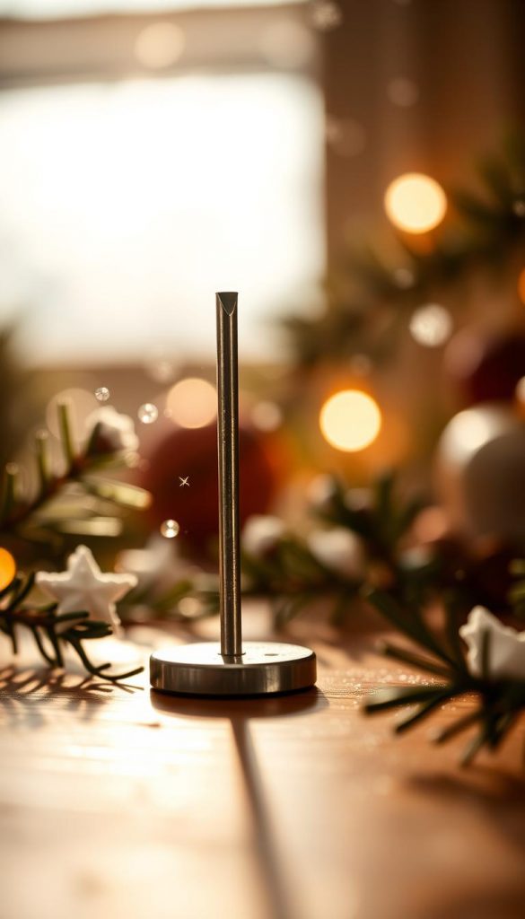 A warm, cozy close-up of a sturdy, family-friendly nail in the KlickKiste brand. The nail's steel surface reflects the soft, natural lighting, creating a glowing, inviting atmosphere. Wisps of pine needles and snowflakes float in the air, hinting at a winter wonderland setting. The nail's design is simple yet robust, perfect for hanging ornaments, stockings, or other holiday decor safely out of reach of curious little hands. The image exudes a rustic, handmade charm, inspiring DIY projects and a sense of festive coziness. A warm, cozy close-up of a sturdy, family-friendly nail in the KlickKiste brand. The nail's steel surface reflects the soft, natural lighting, creating a glowing, inviting atmosphere. Wisps of pine needles and snowflakes float in the air, hinting at a winter wonderland setting. The nail's design is simple yet robust, perfect for hanging ornaments, stockings, or other holiday decor safely out of reach of curious little hands. The image exudes a rustic, handmade charm, inspiring DIY projects and a sense of festive coziness.