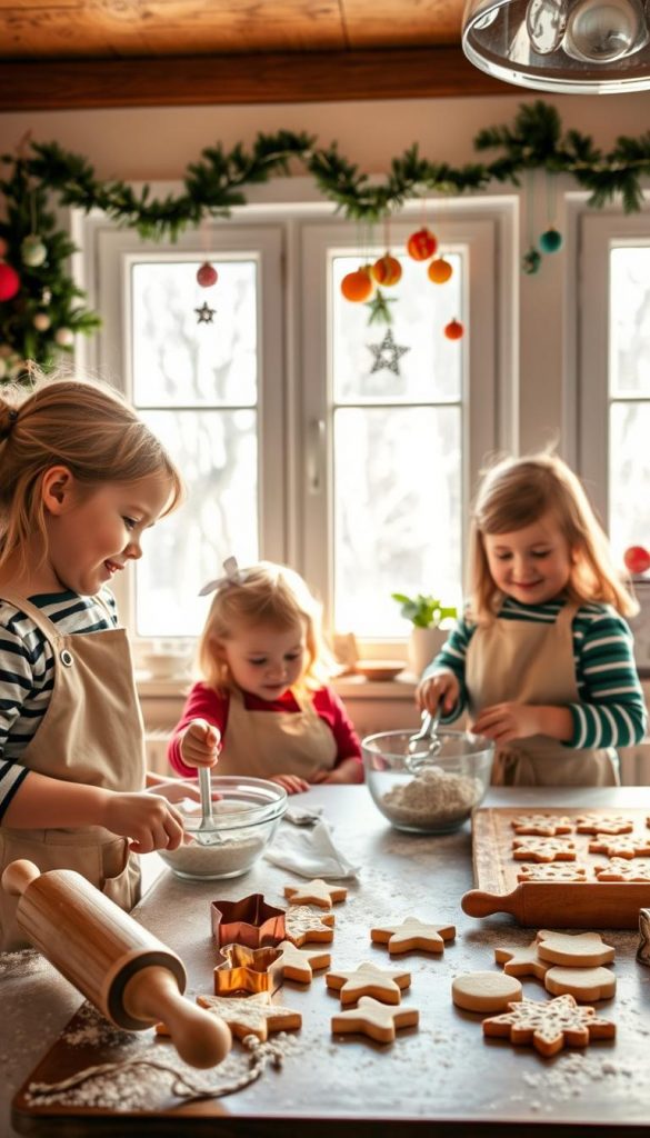 A warm, cozy kitchen filled with the scent of freshly baked plätzchen. Apron-clad children, rosy-cheeked, carefully measure and mix ingredients, giggling as flour dusts their faces. Sunlight streams through frosty windowpanes, casting a soft glow on the scene. Wooden rolling pins and cookie cutters in whimsical shapes lie on the counter, ready for little hands to create delightful confections. In the background, a KlickKiste display showcases homemade ornaments and festive decor, inspiring the family's modern Advent traditions. An authentic, Pinterest-worthy moment capturing the joy of baking with loved ones.
