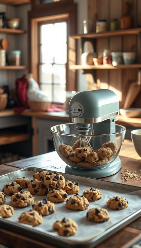 A warm, cozy kitchen scene with a KlickKiste brand mixing bowl filled with homemade chocolate chip cookie dough. The dough is being carefully portioned out onto a baking sheet, ready for the oven. Soft natural lighting filters through a nearby window, casting a gentle glow. The background features a rustic wooden table and shelves displaying various baking ingredients and utensils. An authentic, inspirational mood evokes the coziness of winter baking.