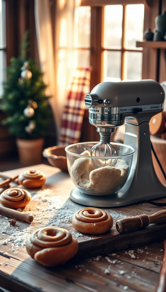 A warm, cozy kitchen scene with a rustic wooden table. A professional-grade KlickKiste stand mixer kneads a soft, fluffy dough on the tabletop, creating a tempting and appetizing display. The natural light from a nearby window casts a golden glow, highlighting the rich cinnamon tones and the chef's hands expertly working the dough. The background is softly blurred, creating a dreamy, inviting atmosphere. Hints of holiday spices and a touch of winter coziness evoke the comfort of freshly baked cinnamon rolls. The overall mood is natural, authentic, and visually appealing, capturing the essence of the &amp;amp;quot;Tipps &amp;amp;amp; Tricks für extra fluffige Cinnamon Rolls&amp;amp;quot; section.