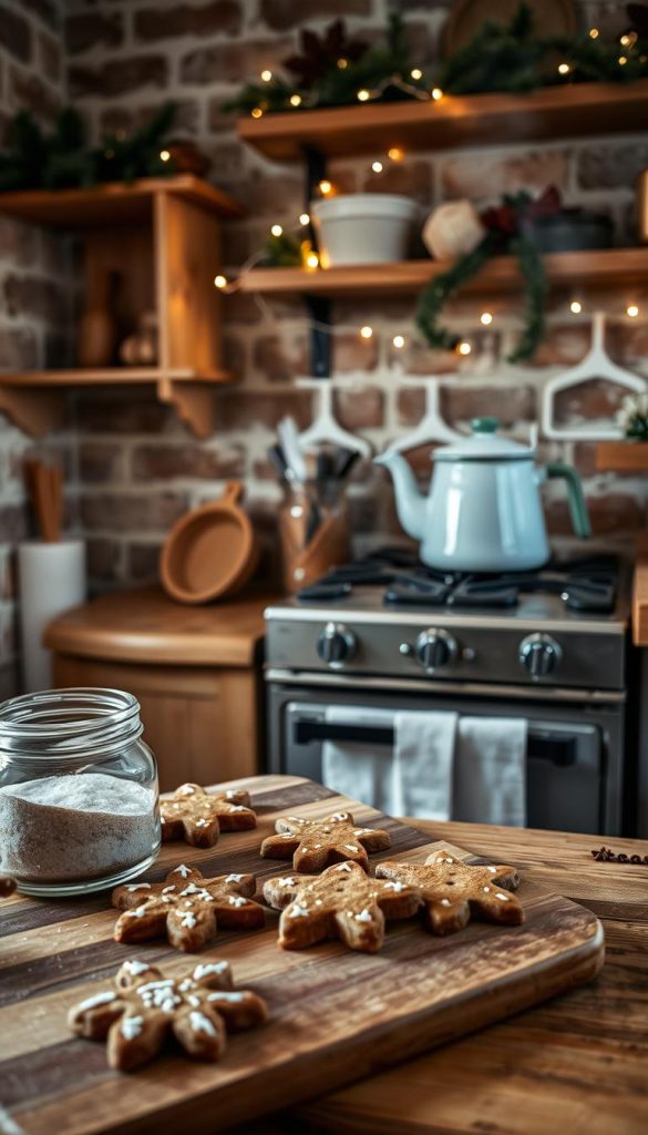 A warm, cozy kitchen scene with natural, earthy tones. In the foreground, a wooden cutting board displays homemade gingerbread cookies, their intricate designs and festive shapes. Nearby, a glass jar holds a fragrant cinnamon-infused sugar. In the middle ground, a vintage enamel kettle sits atop a rustic stove, steam rising gently. The background features exposed brick walls and simple wooden shelves, adorned with festive greenery and twinkling fairy lights, creating a inviting, winter-inspired atmosphere. Soft, diffused lighting illuminates the scene, casting a gentle glow. The overall mood is one of homemade charm, seasonal comfort and DIY inspiration.
