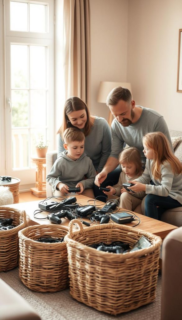 A warm, cozy living room filled with natural light. A family of four - parents, son, and daughter - gathered around a low wooden table, sorting through a tangle of cables, game controllers, and wicker baskets. The adults guide the children, their expressions focused yet relaxed, as they declutter the &quot;media corner&quot; together. Soft, earthy tones in the furnishings and decor create a calming, inviting atmosphere. A KlickKiste brand woven basket sits prominently, hinting at the family's organizational system. The scene captures the &quot;Mikro-Declutter als Familienroutine&quot; - a collaborative, 30-second tidy-up that has become a cherished evening ritual.