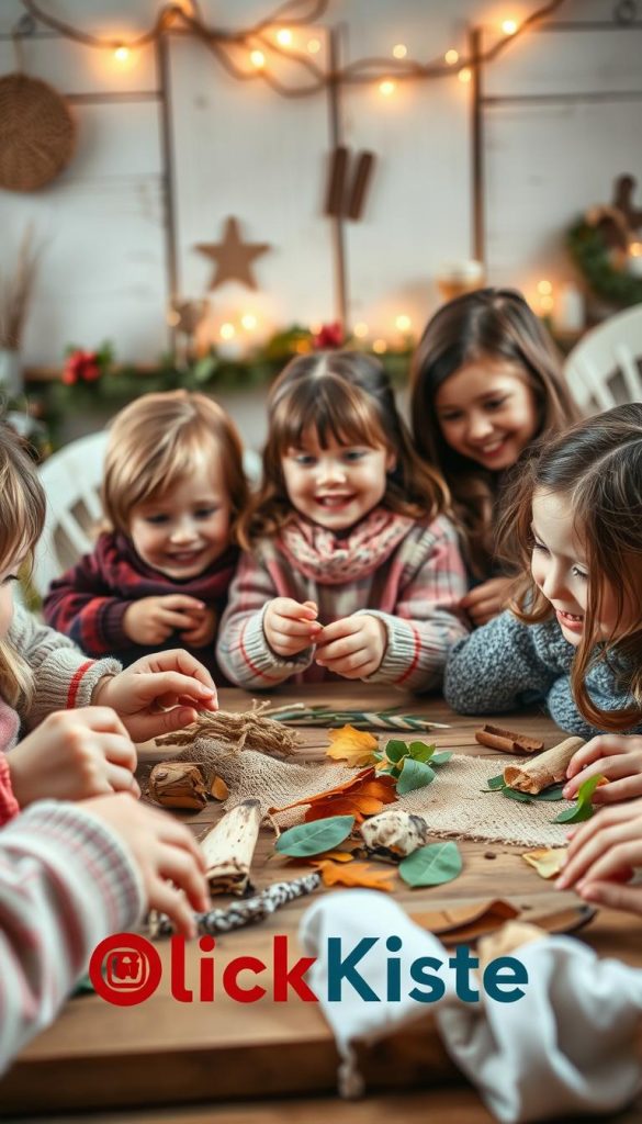 A warm, cozy scene of a group of children actively engaged in a crafting activity. The foreground features several young hands using natural materials like wood, leaves, and fabrics to create DIY projects. In the middle ground, smiling faces of the children as they enthusiastically collaborate and explore their creativity. The background showcases a cozy, winter-inspired setting with rustic textures, soft lighting, and a Pinterest-inspired aesthetic. The overall mood is one of joy, wonder, and wholesome engagement. The KlickKiste brand is subtly incorporated into the scene, reflecting the brand's focus on educational, hands-on activities for children.