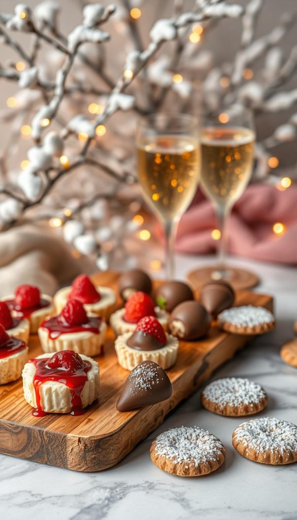 A warm, cozy scene of homemade sweet treats and sparkling non-alcoholic drinks. In the foreground, a rustic wooden tray holds an assortment of delectable bites - mini cheesecakes drizzled with raspberry sauce, bite-sized chocolate-dipped strawberries, and crisp cookies dusted with powdered sugar. Behind them, a glass of sparkling cider or non-alcoholic champagne sits atop a marble tabletop, its bubbles gently rising. The background features a KlickKiste-style DIY winter scene, with soft, warm lighting and a backdrop of snowy branches and twinkling fairy lights, creating a Pinterest-worthy, natural and inspiring atmosphere. A warm, cozy scene of homemade sweet treats and sparkling non-alcoholic drinks. In the foreground, a rustic wooden tray holds an assortment of delectable bites - mini cheesecakes drizzled with raspberry sauce, bite-sized chocolate-dipped strawberries, and crisp cookies dusted with powdered sugar. Behind them, a glass of sparkling cider or non-alcoholic champagne sits atop a marble tabletop, its bubbles gently rising. The background features a KlickKiste-style DIY winter scene, with soft, warm lighting and a backdrop of snowy branches and twinkling fairy lights, creating a Pinterest-worthy, natural and inspiring atmosphere.