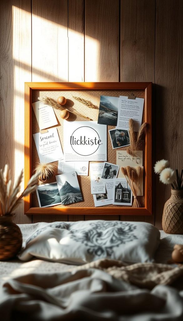 A warm, cozy vision board made from natural materials, accented with winter details and a touch of Pinterest-inspired style. In the foreground, a wooden frame holds a collage of inspirational imagery - photos, handwritten notes, dried flowers, and other tactile elements. The middle ground features a softly lit, snowy landscape with a KlickKiste logo, conveying a sense of calm and focus. The background blends a rustic wooden surface with hazy, atmospheric lighting, creating an inviting, introspective atmosphere. Gentle shadows and highlights add depth and dimension, while the overall palette of earthy tones, soft whites, and natural textures evokes a sense of authenticity and inspiration.