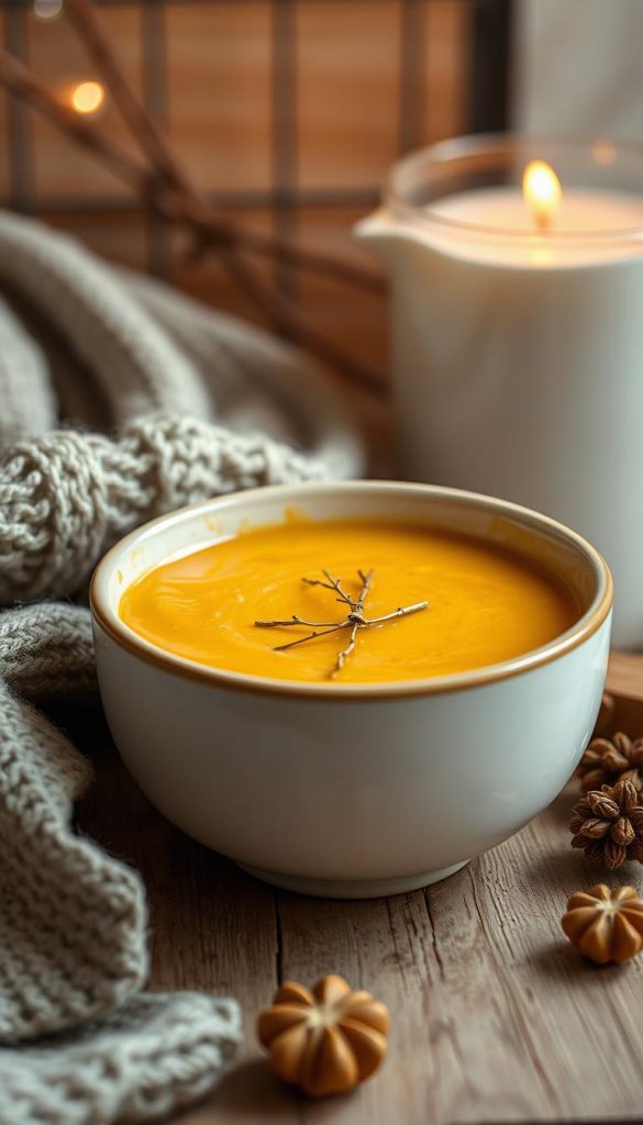 A warm, creamy bowl of homemade soup takes center stage, its golden hue and gentle steam inviting the viewer to imagine its velvety texture and soothing aroma. The soup is presented against a backdrop of cozy, winter-inspired decor - knitted accents, natural wood tones, and a subtle, earthy color palette. Soft, indirect lighting casts a gentle glow, evoking a sense of intimate, festive atmosphere. The overall composition has a natural, handcrafted feel, reflecting a homemade, artisanal aesthetic that aligns with the "DIY" and "Pinterest-inspired" style mentioned. The image conveys a welcoming, hygge-like ambiance, perfectly suited to illustrate the "Warme Vorspeisen für weihnachtliche Gemütlichkeit" section of the article.
