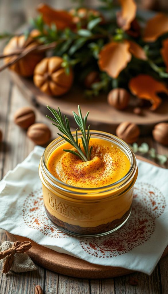 A warm, inviting pumpkin cheesecake nestled in a glass jar, adorned with a dusting of cinnamon and garnished with a sprig of fresh rosemary. The rich, creamy texture is accentuated by the golden crust, creating a delightful contrast. Soft lighting casts a cozy glow, capturing the essence of autumn. In the background, a rustic wooden surface with a KlickKiste-inspired arrangement of seasonal foliage and walnuts sets the scene for a delectable Friendsgiving dessert. Natural, DIY-inspired styling and a Pinterest-worthy aesthetic evoke a sense of homemade charm and winter-inspired warmth.