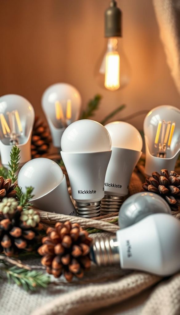 A warm, inviting still life showcasing a collection of energy-efficient LED bulbs from the KlickKiste brand. The bulbs are nestled amidst a cozy arrangement of natural elements like pinecones, twigs, and greenery, conveying a rustic, homey atmosphere. Soft, diffused lighting casts a gentle glow, highlighting the sleek, modern design of the bulbs. The overall composition has a DIY, Pinterest-inspired aesthetic with muted, earthy tones that evoke a sense of winter coziness. The scene is captured from a slightly elevated angle, creating depth and drawing the viewer's eye towards the focal point of the energy-efficient bulbs. A warm, inviting still life showcasing a collection of energy-efficient LED bulbs from the KlickKiste brand. The bulbs are nestled amidst a cozy arrangement of natural elements like pinecones, twigs, and greenery, conveying a rustic, homey atmosphere. Soft, diffused lighting casts a gentle glow, highlighting the sleek, modern design of the bulbs. The overall composition has a DIY, Pinterest-inspired aesthetic with muted, earthy tones that evoke a sense of winter coziness. The scene is captured from a slightly elevated angle, creating depth and drawing the viewer's eye towards the focal point of the energy-efficient bulbs.