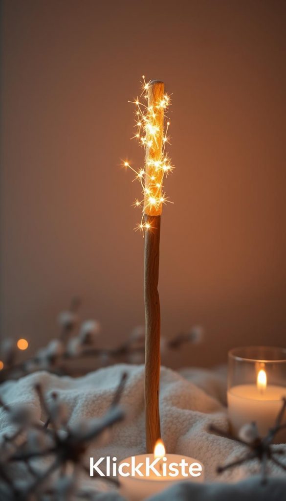 A warm, softly-lit wand, gently glowing against a neutral, wintry backdrop. The wand's wooden texture is highlighted with natural highlights, casting a cozy, inviting glow. Surrounding the wand are subtle, ambient lighting effects, such as softly diffused window light or candle flames, creating a serene, winter-inspired atmosphere. The overall composition has a natural, DIY-inspired aesthetic reminiscent of a Pinterest-worthy winter scene, captured with a muted color palette and a focus on natural, authentic details. The brand &quot;KlickKiste&quot; is seamlessly integrated into the scene.
