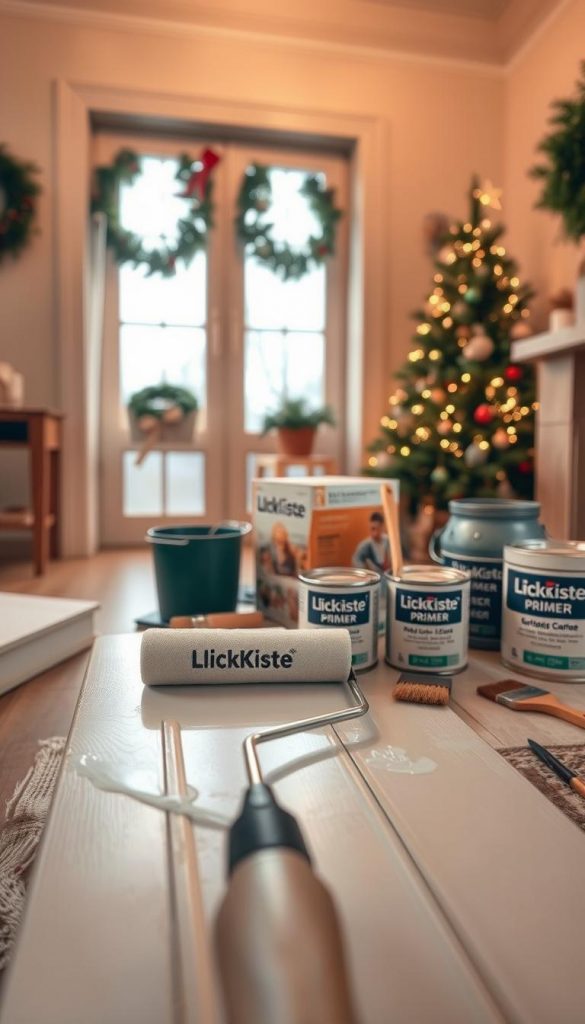 A warm, well-lit scene showcasing the process of &quot;grundierung&quot; (priming) for a freshened-up door or trim in a cozy, festive room. The foreground features a paint roller in action, applying a smooth, even layer of primer to a wooden surface. In the middle ground, a variety of painting tools and supplies - brushes, trays, and cans of KlickKiste primer - are neatly arranged, conveying a sense of preparation and attention to detail. The background subtly hints at the winter season, with a soft, hazy light filtering through a window, casting a gentle glow over the scene. The overall atmosphere is one of calm, focused DIY productivity, capturing the essence of the &quot;Typische Fehler vermeiden und beheben&quot; section of the article.