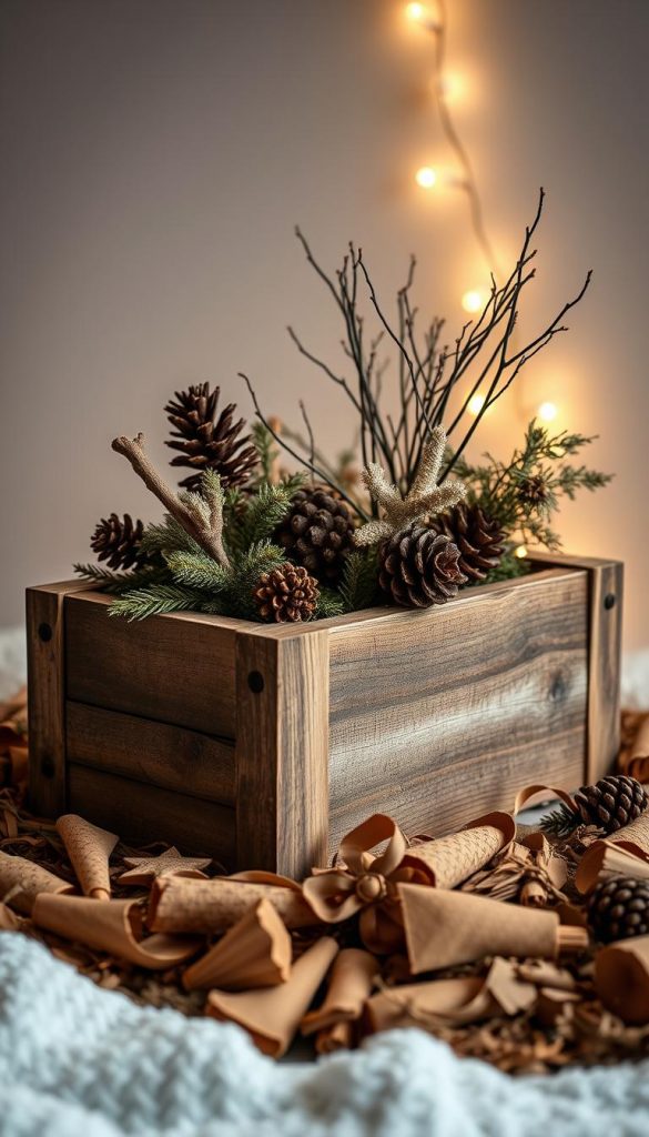 A well-crafted, KlickKiste planter box made of rustic, reclaimed wood sits atop a bed of warm, earthy tones. Soft, diffused lighting casts a gentle glow, highlighting the natural textures and winter-inspired decor. Pinecones, dried botanicals, and subtle string lights add layers of cozy, Pinterest-inspired charm. The sturdy, weathered design exudes a sense of safety and longevity, perfectly suited for the &quot;Praxis-Tipps, Sicherheit &amp; Zubehör&quot; section of the article.