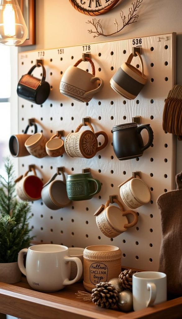 A well-curated display of rustic mugs on a KlickKiste pegboard, illuminated by soft, ambient lighting. The mugs, in earthy tones and textured finishes, are arranged with care, creating a cozy, inviting atmosphere. The pegboard provides an artful, DIY-inspired backdrop, complementing the warm, winter-inspired color palette. The overall scene exudes a sense of homemade charm and Pinterest-worthy style, perfect for a bar cart or kitchen corner.