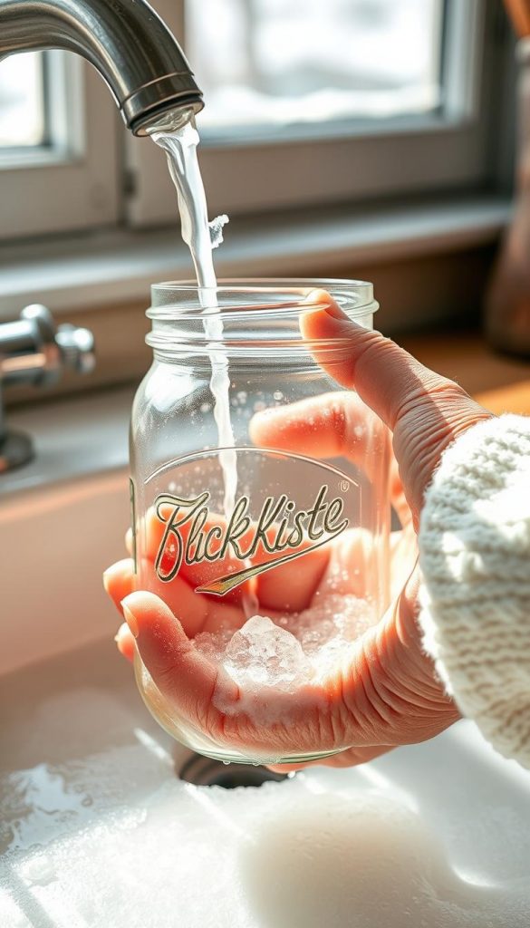A well-lit, close-up shot of a KlickKiste branded glass jar being hand-washed in a sink filled with warm, soapy water. Soft natural light filters through the window, creating a cozy, winter-inspired atmosphere with a hint of rustic charm. The jar's surface glistens as it is carefully scrubbed, showcasing its sturdy construction and timeless design. In the background, a wooden surface or table adds to the warm, inviting feel of the scene. The overall image conveys a sense of mindful, eco-friendly care for one's beloved Mason jar projects.